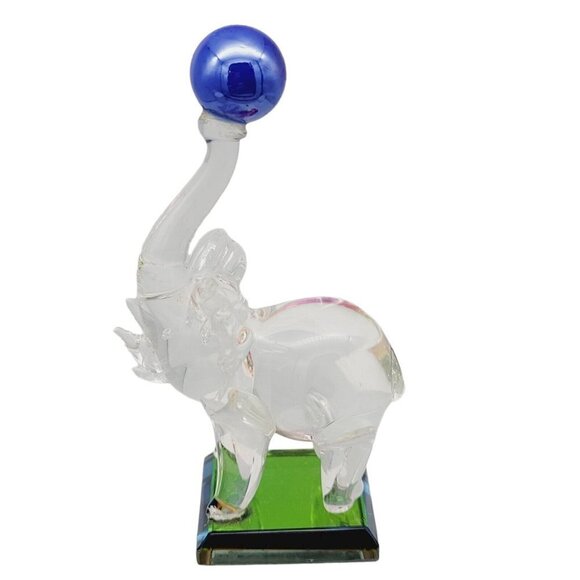 Glass Circus Elephant Figurine Balancing Blue Ball On An Iridescent Square Base - Picture 6 of 9
